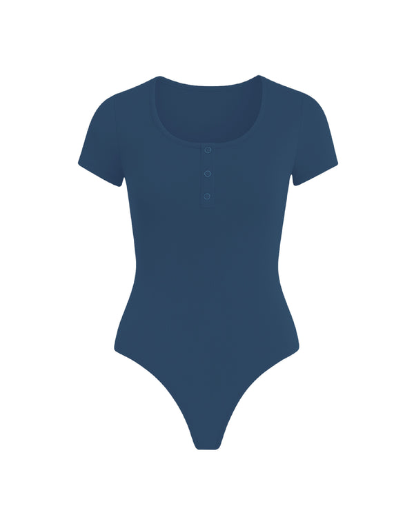 The Short Sleeve Button Thong Bodysuit - Steel